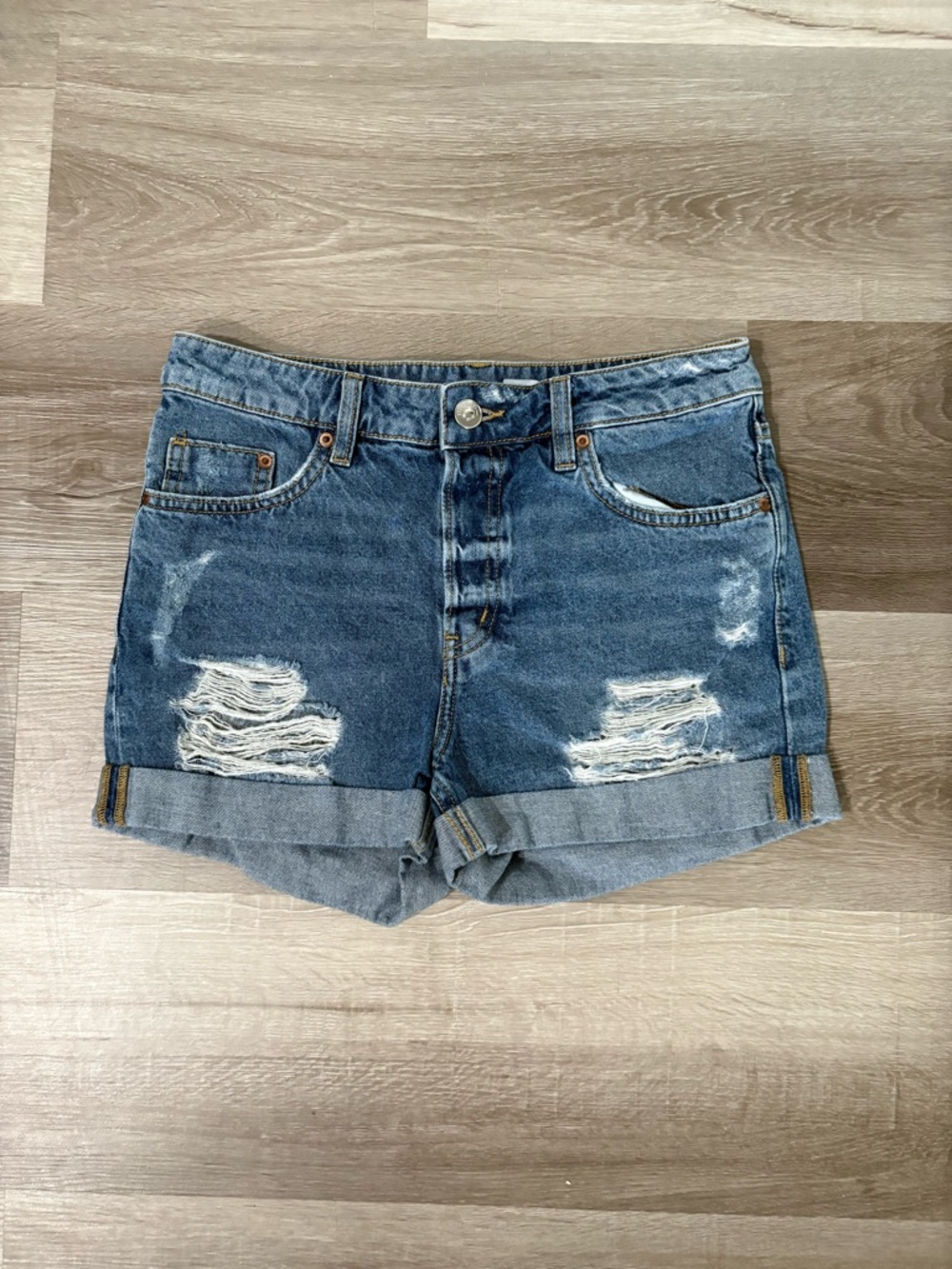 High-Rise Distressed Denim Shorts - Blue